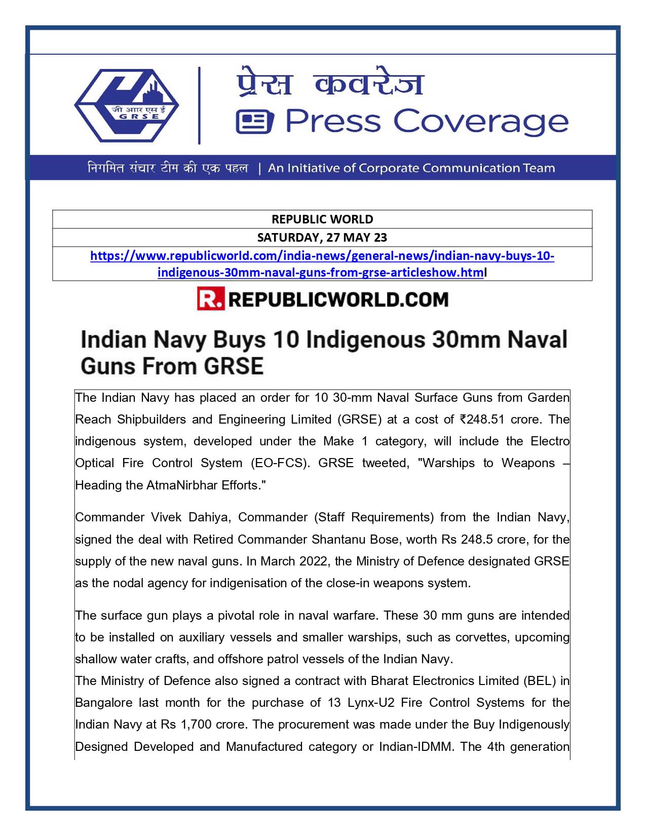 Indian Navy buys 10 Indigenous 30mm Naval Guns from GRSE